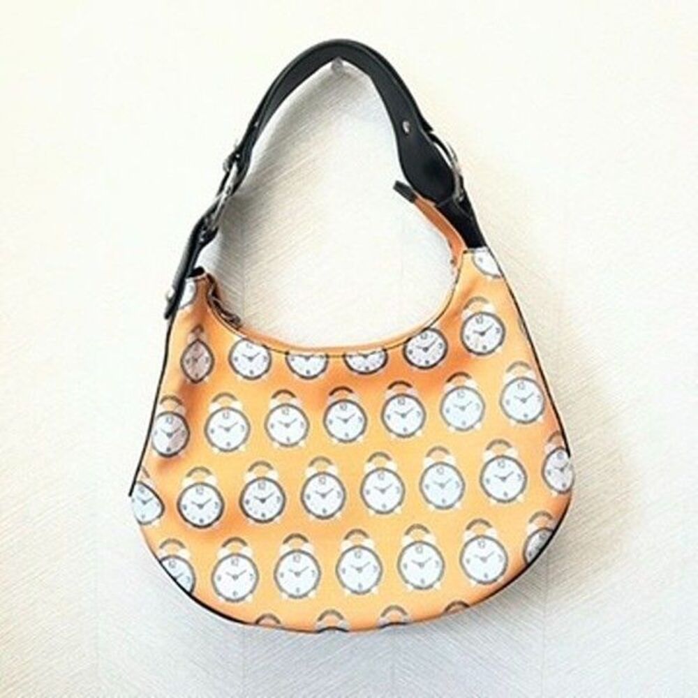 Braccialini Leather Orange Alarm Clock Print Shoulder Bag Purse Womens